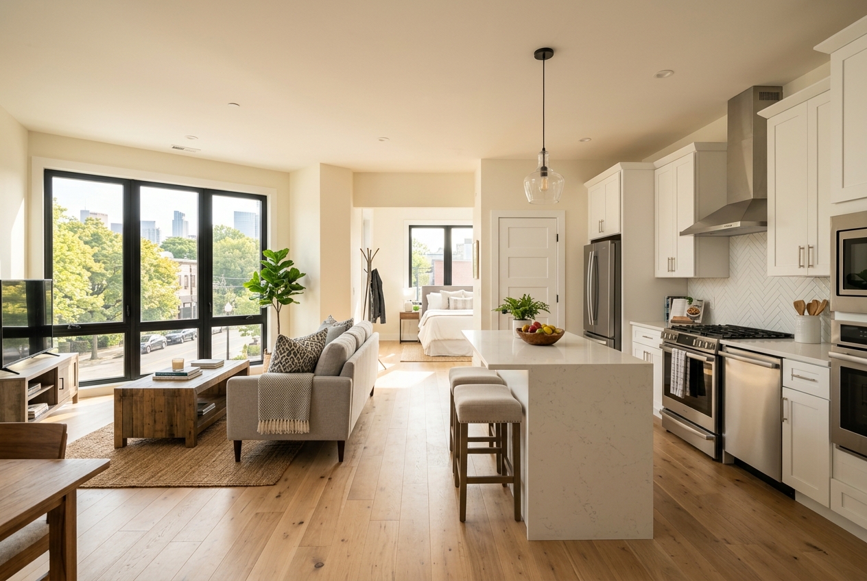 4519 Baker St renovated apartment interior with kitchen island and hardwood floors